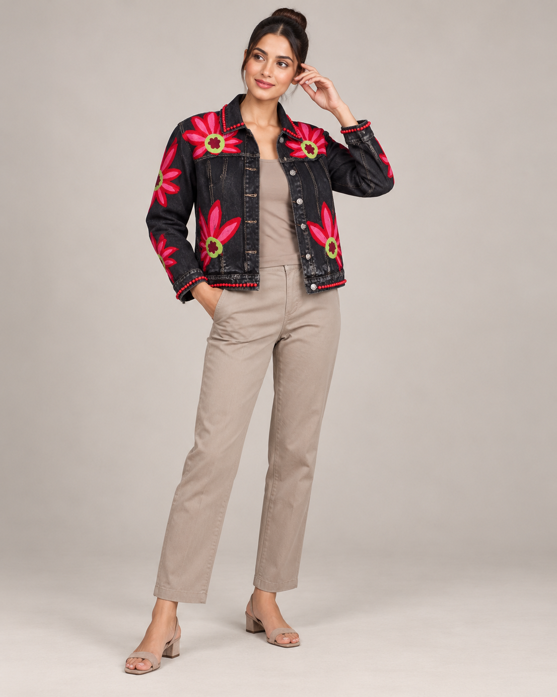 Vanya Bloom Black Denim Jacket with Floral Embroidery | ibBan