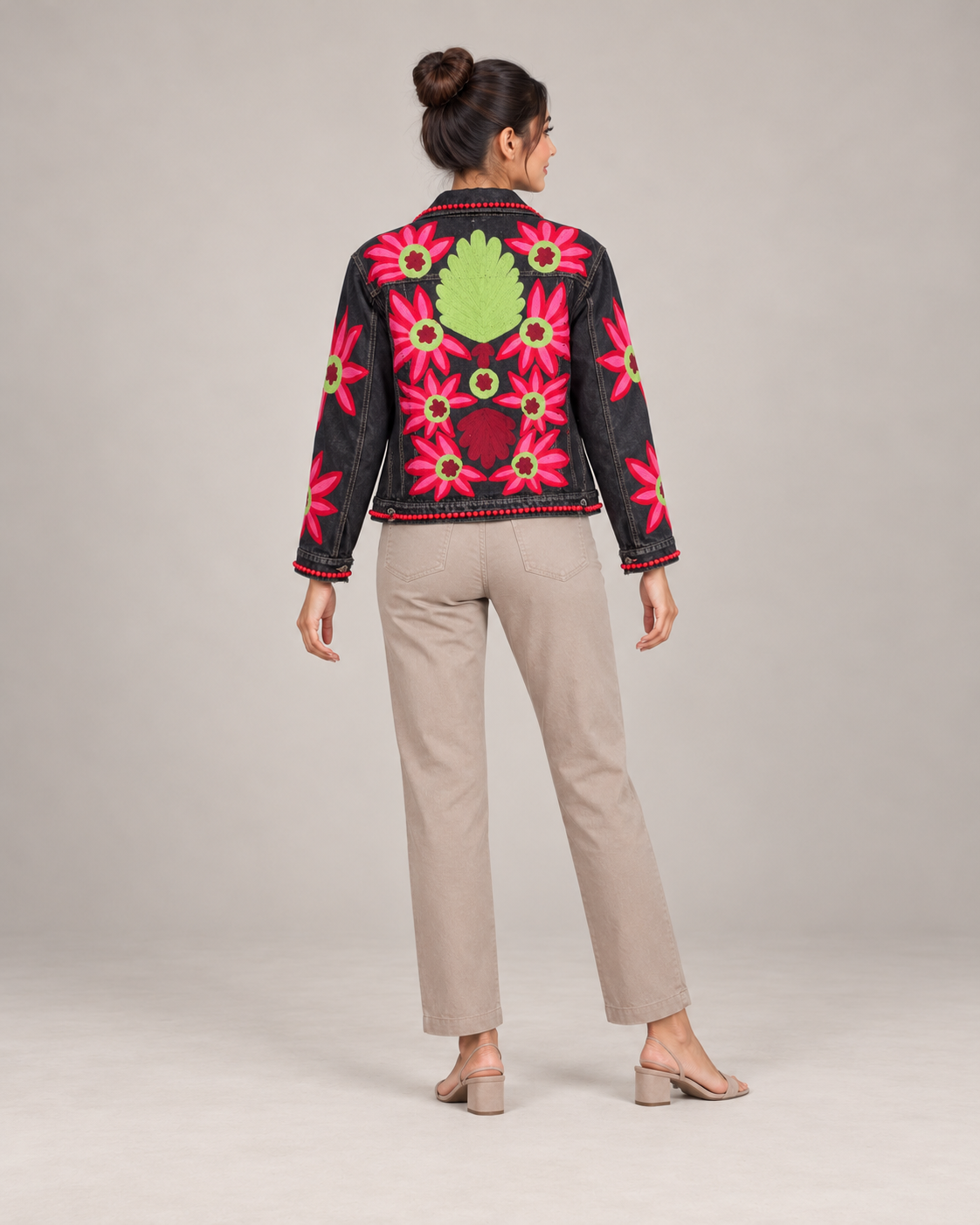Vanya Bloom Black Denim Jacket with Floral Embroidery | ibBan