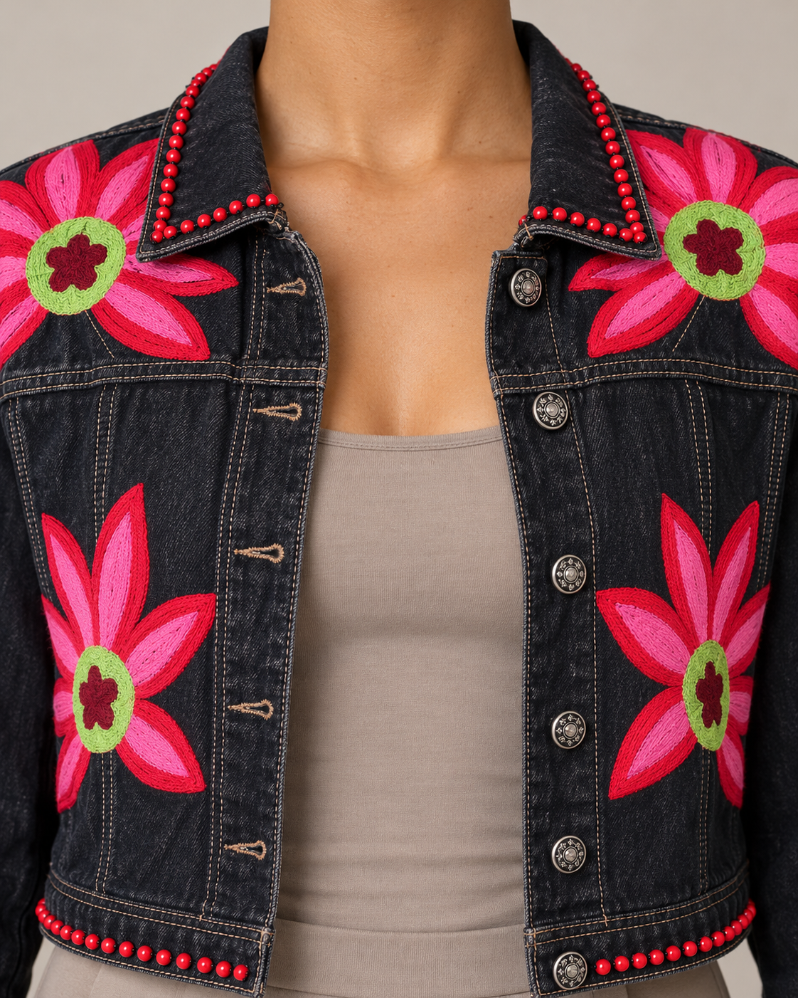 Vanya Bloom Black Denim Jacket with Floral Embroidery | ibBan