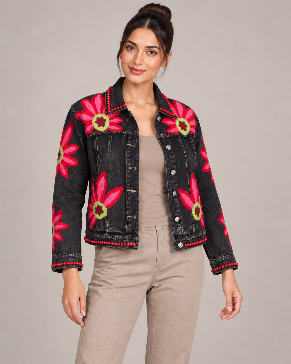 Vanya Bloom Black Denim Jacket with Floral Embroidery | ibBan