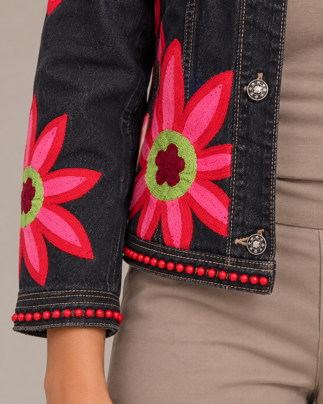 Vanya Bloom Black Denim Jacket with Floral Embroidery | ibBan