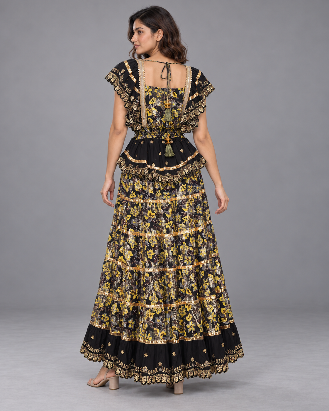 Gulab Long Dress with Floral Print & Metallic Embroidery | ibBan