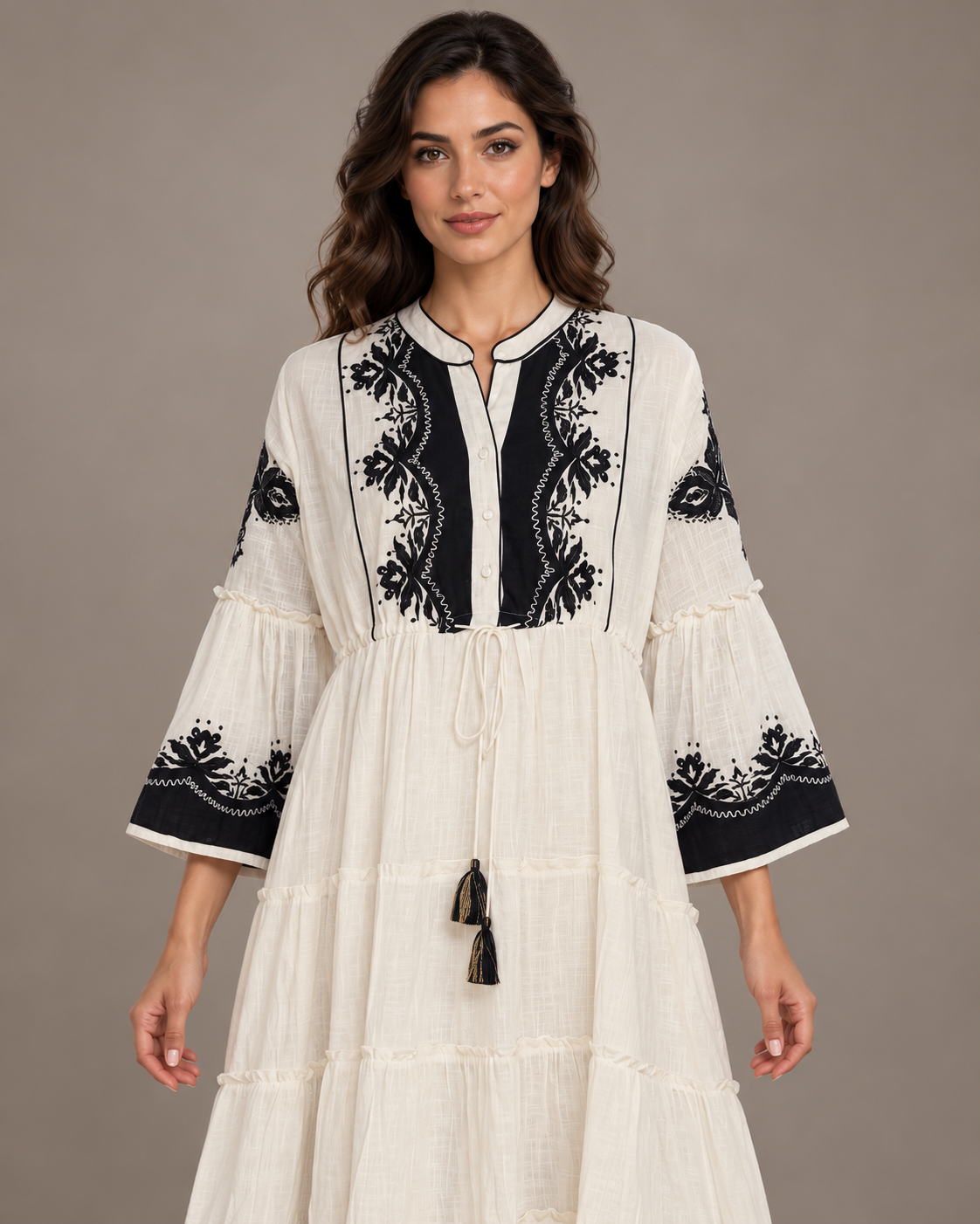 Anum Ivory Embroidered Long Tunic with Bell Sleeves | ibBan – ibban.in