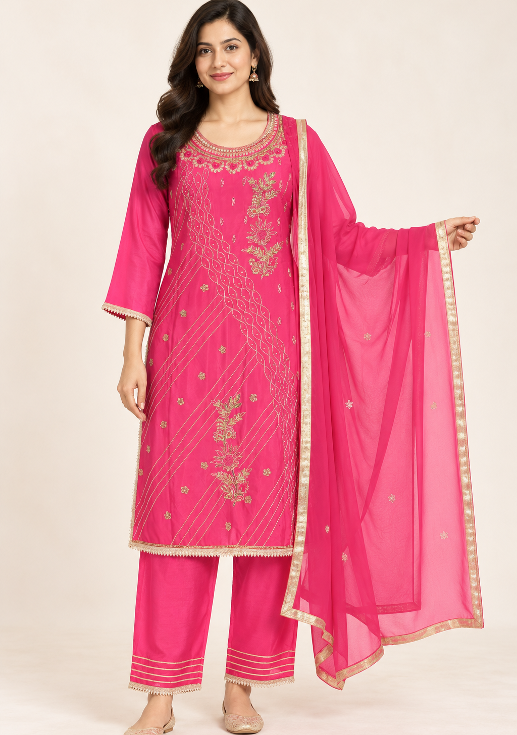 Saisa Fuchsia Embroidered Suit with Trousers & Dupatta | ibBan