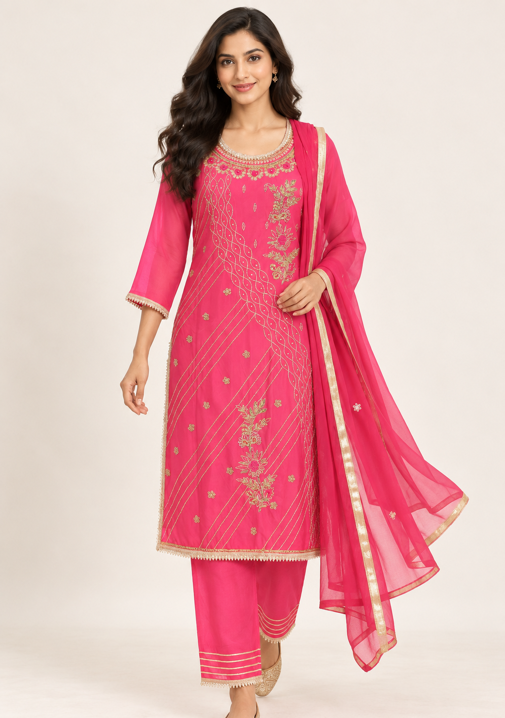 Saisa Fuchsia Embroidered Suit with Trousers & Dupatta | ibBan