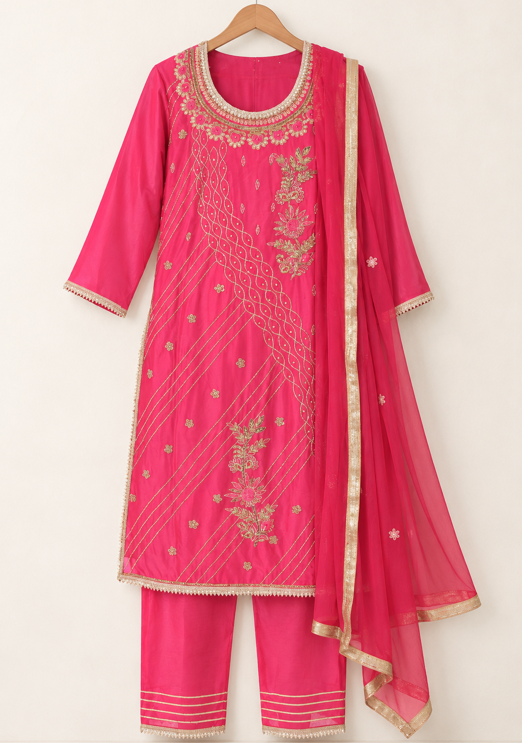 Saisa Fuchsia Embroidered Suit with Trousers & Dupatta | ibBan