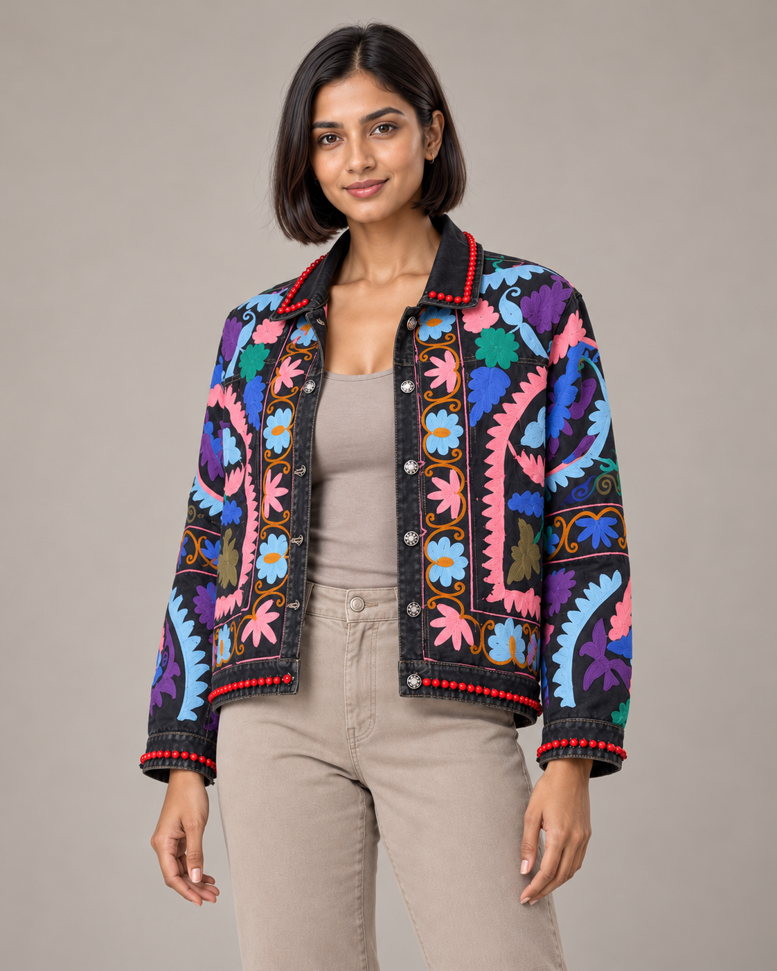 Mehrang Black Denim Jacket with Multicolour Embroidery | ibBan