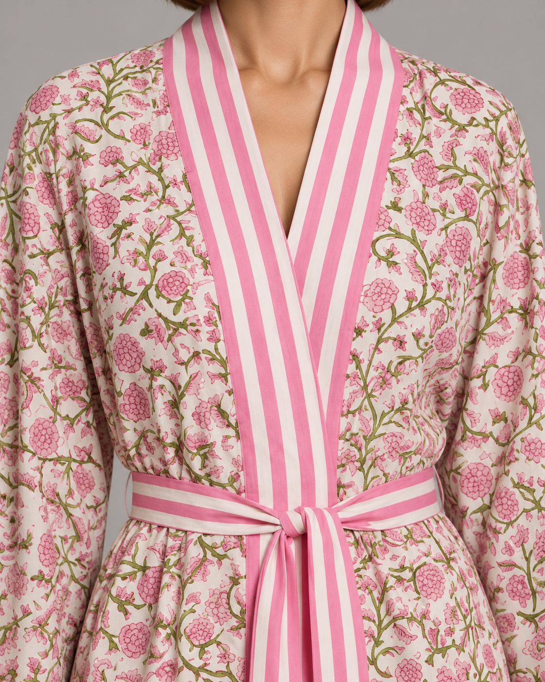 Ivory Floral Maxi Kaftan with Pink Striped Belt | ibBan