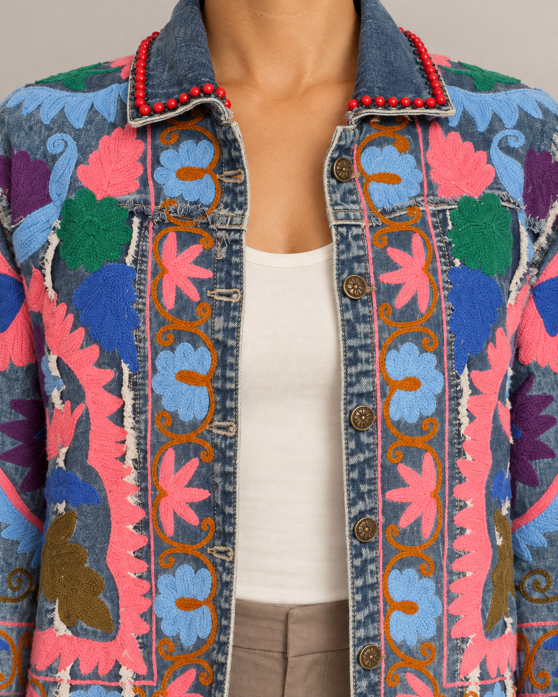 Zoya Women’s Floral Embroidered Blue Denim Jacket | ibBan