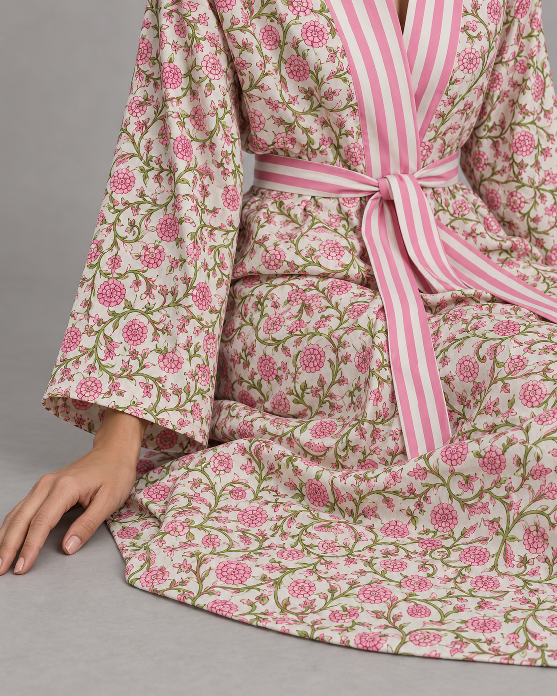 Ivory Floral Maxi Kaftan with Pink Striped Belt | ibBan