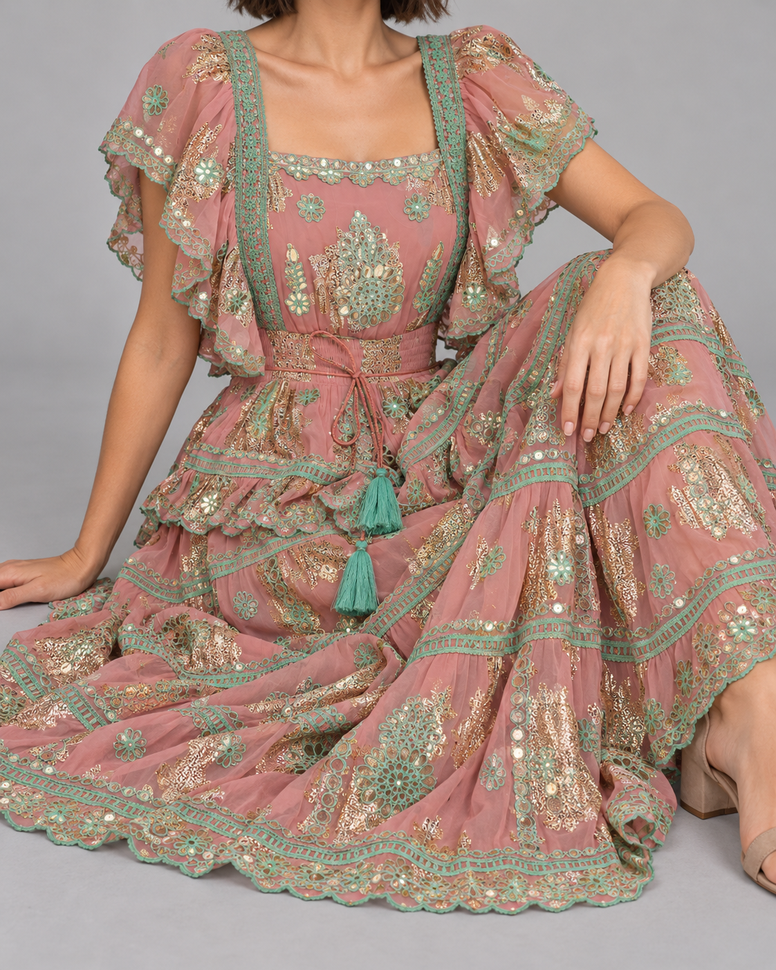 Faiza Maxi Dress with Floral Embroidery & Flutter Sleeves | ibBan