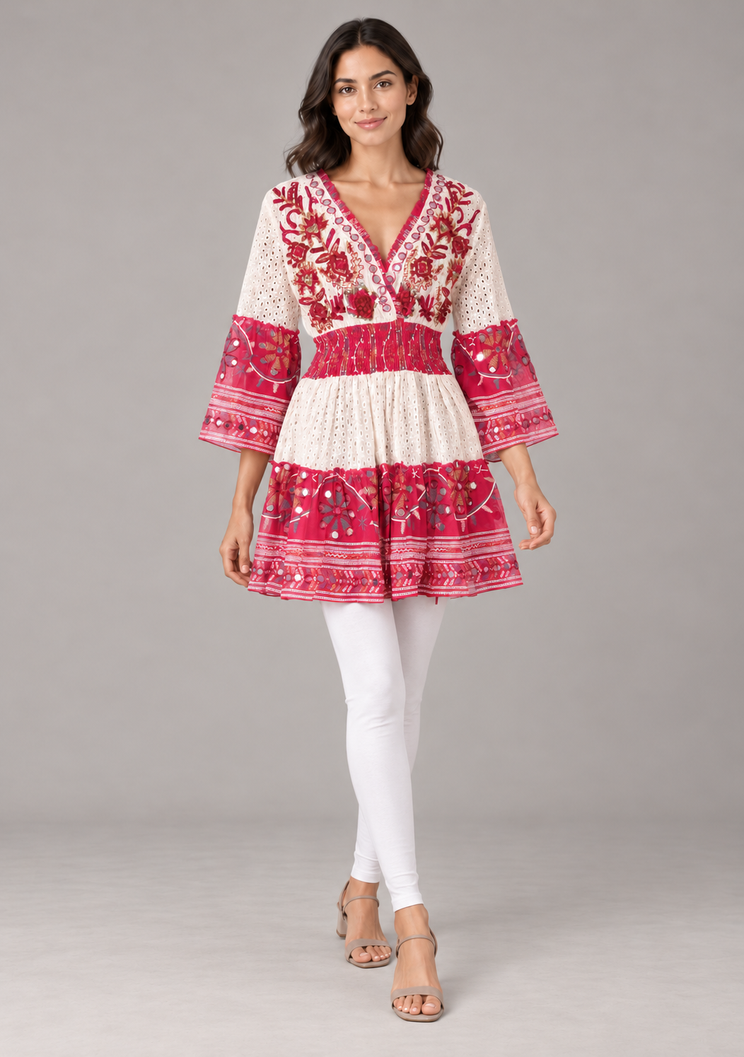 Embroidered Eyelet Mansi Short Dress with V-Neck & Bell Sleeves | ibBan
