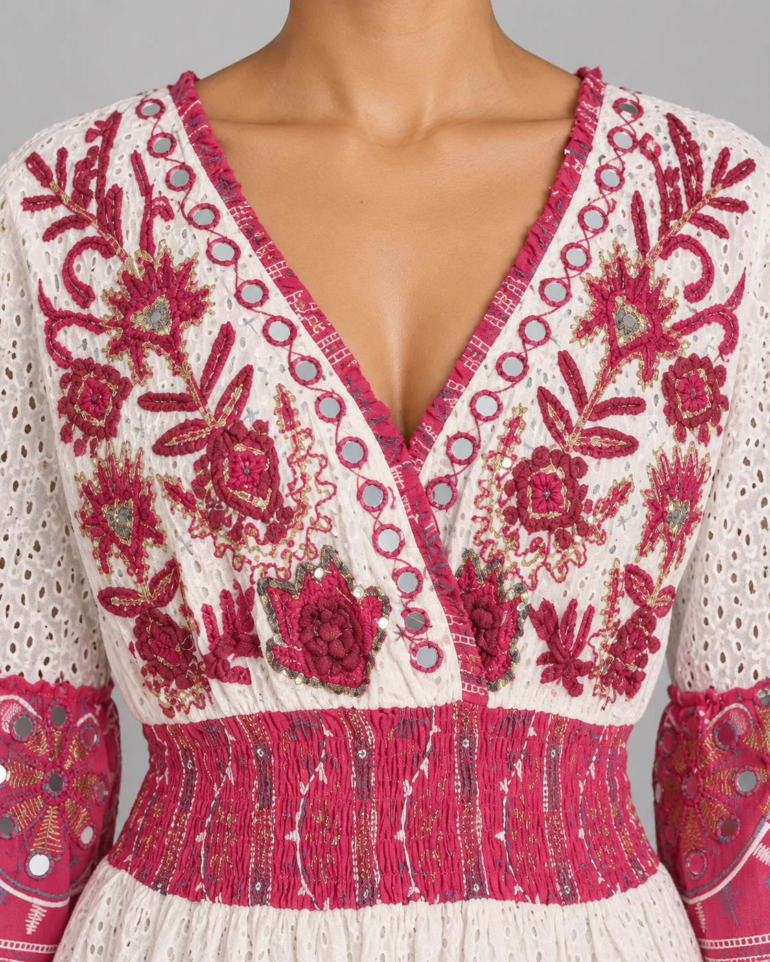 Embroidered Eyelet Mansi Short Dress with V-Neck & Bell Sleeves | ibBan