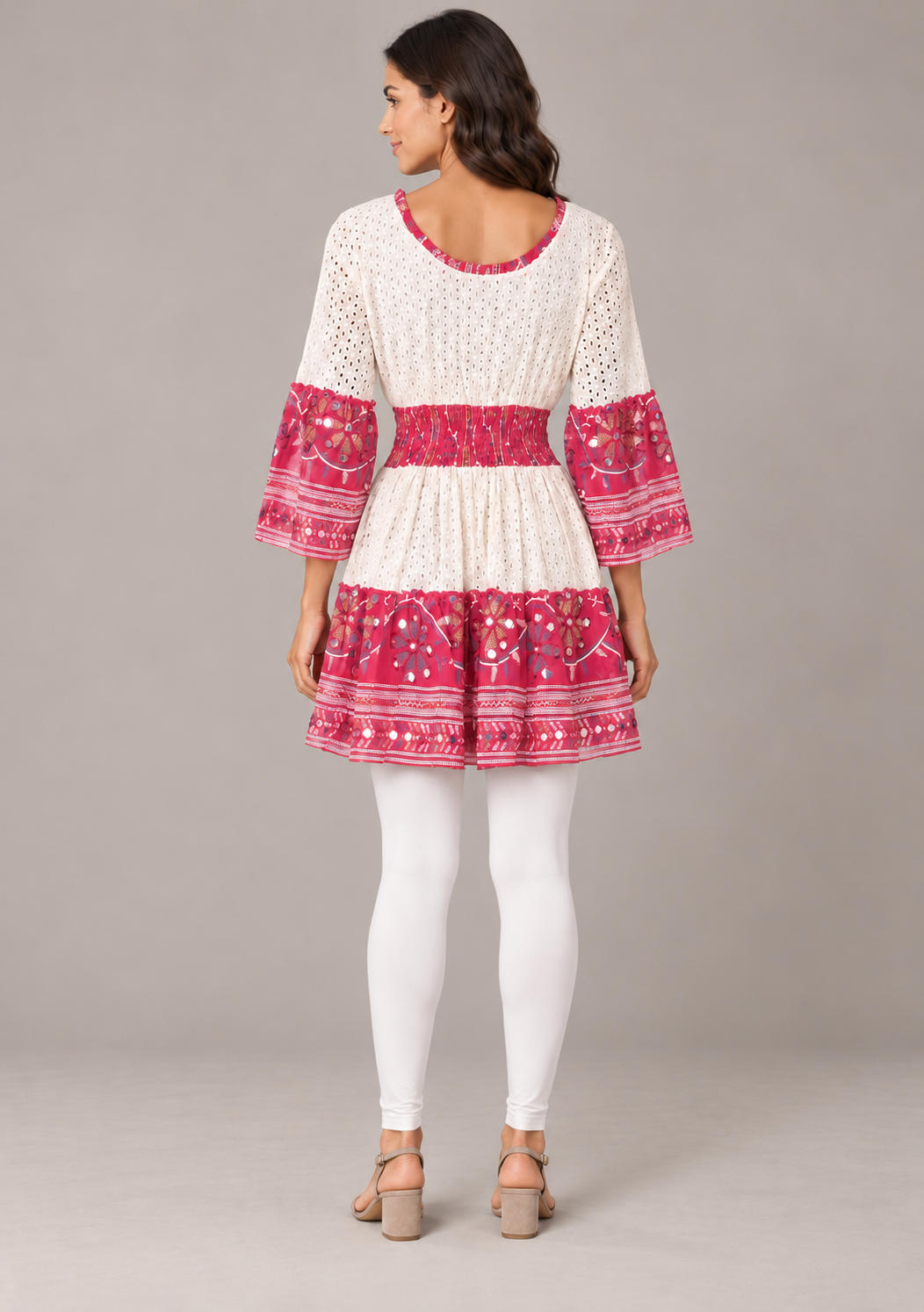 Embroidered Eyelet Mansi Short Dress with V-Neck & Bell Sleeves | ibBan