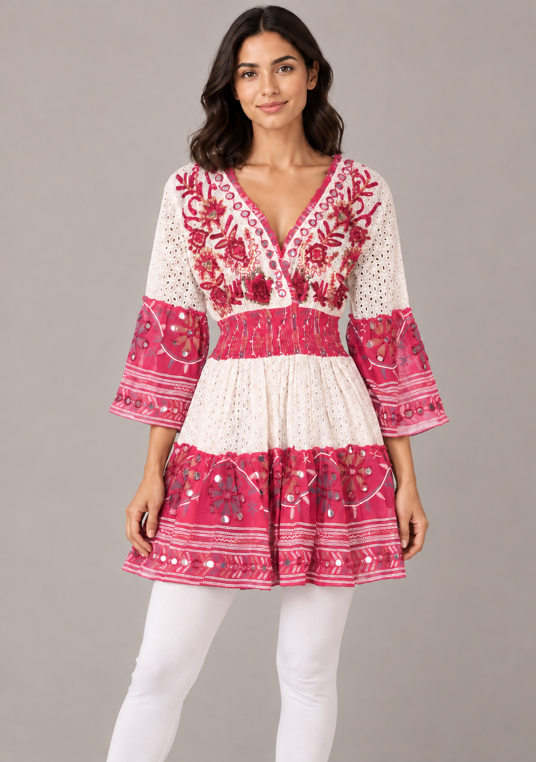 Embroidered Eyelet Mansi Short Dress with V-Neck & Bell Sleeves | ibBan