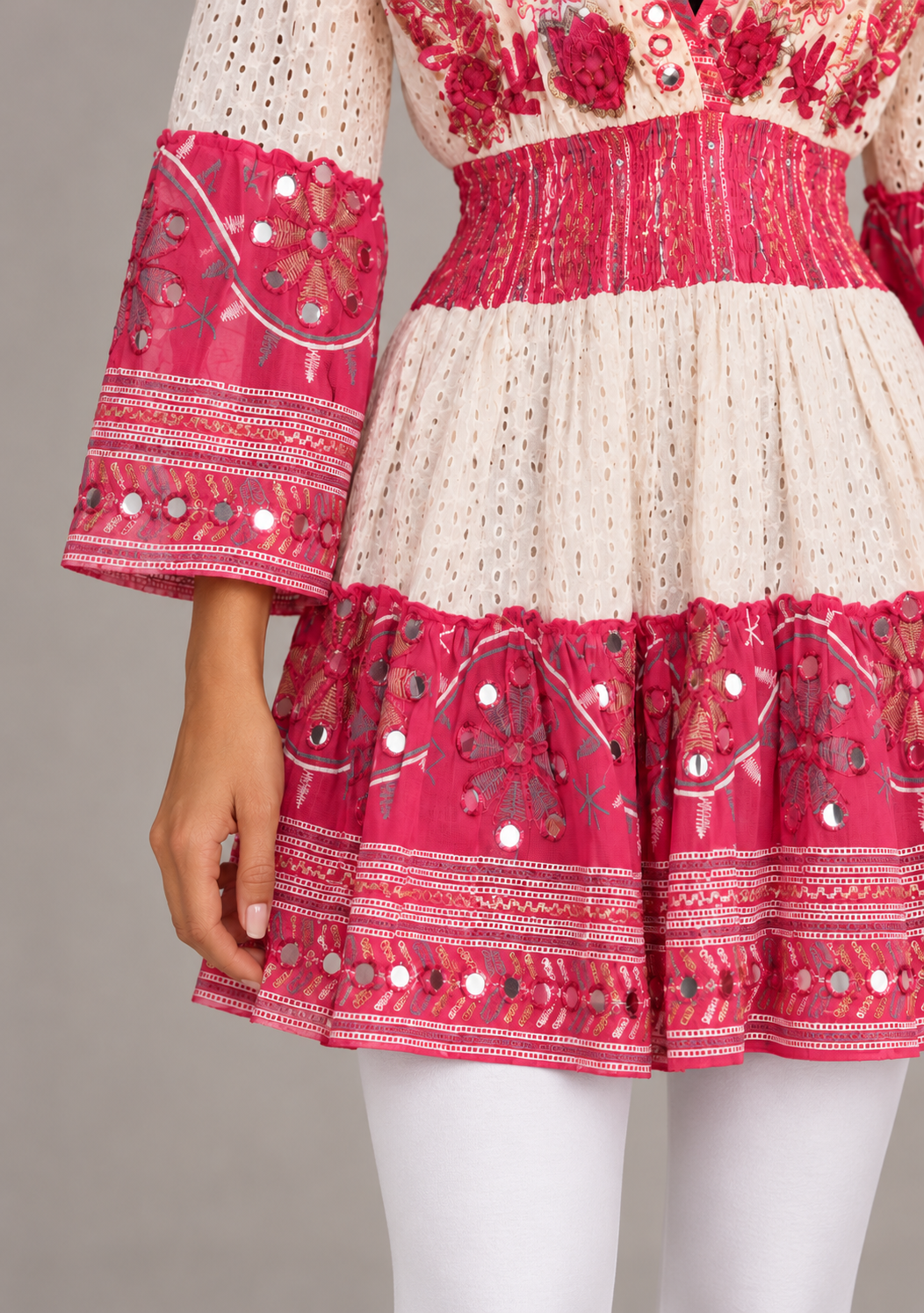 Embroidered Eyelet Mansi Short Dress with V-Neck & Bell Sleeves | ibBan