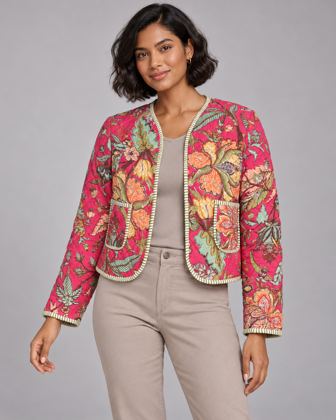 Dahlia Pink Floral Quilted Jacket with Striped Trim | ibBan