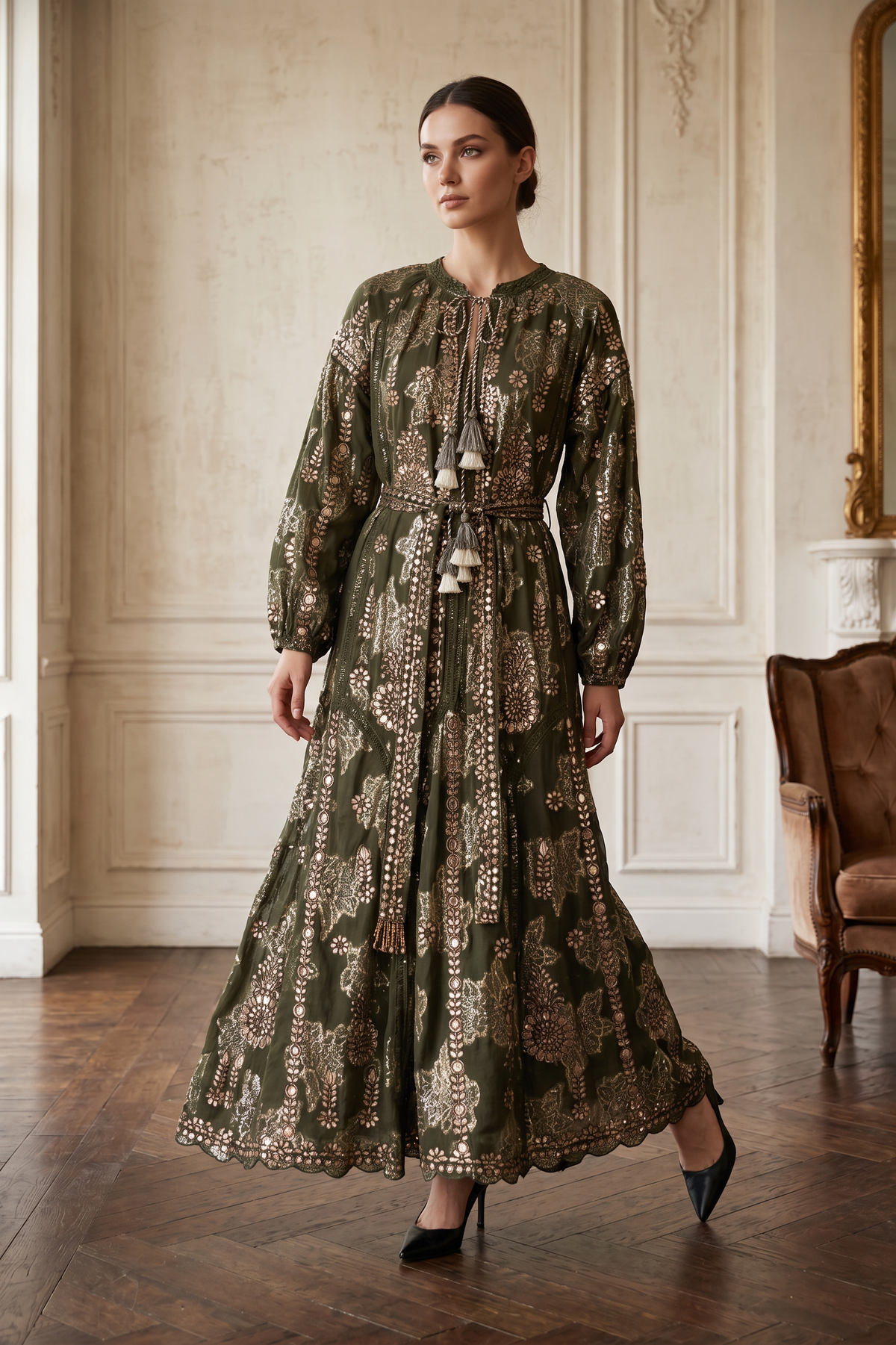 Women’s Printed Cotton Lurex Embroidered Long Dress - Mavi