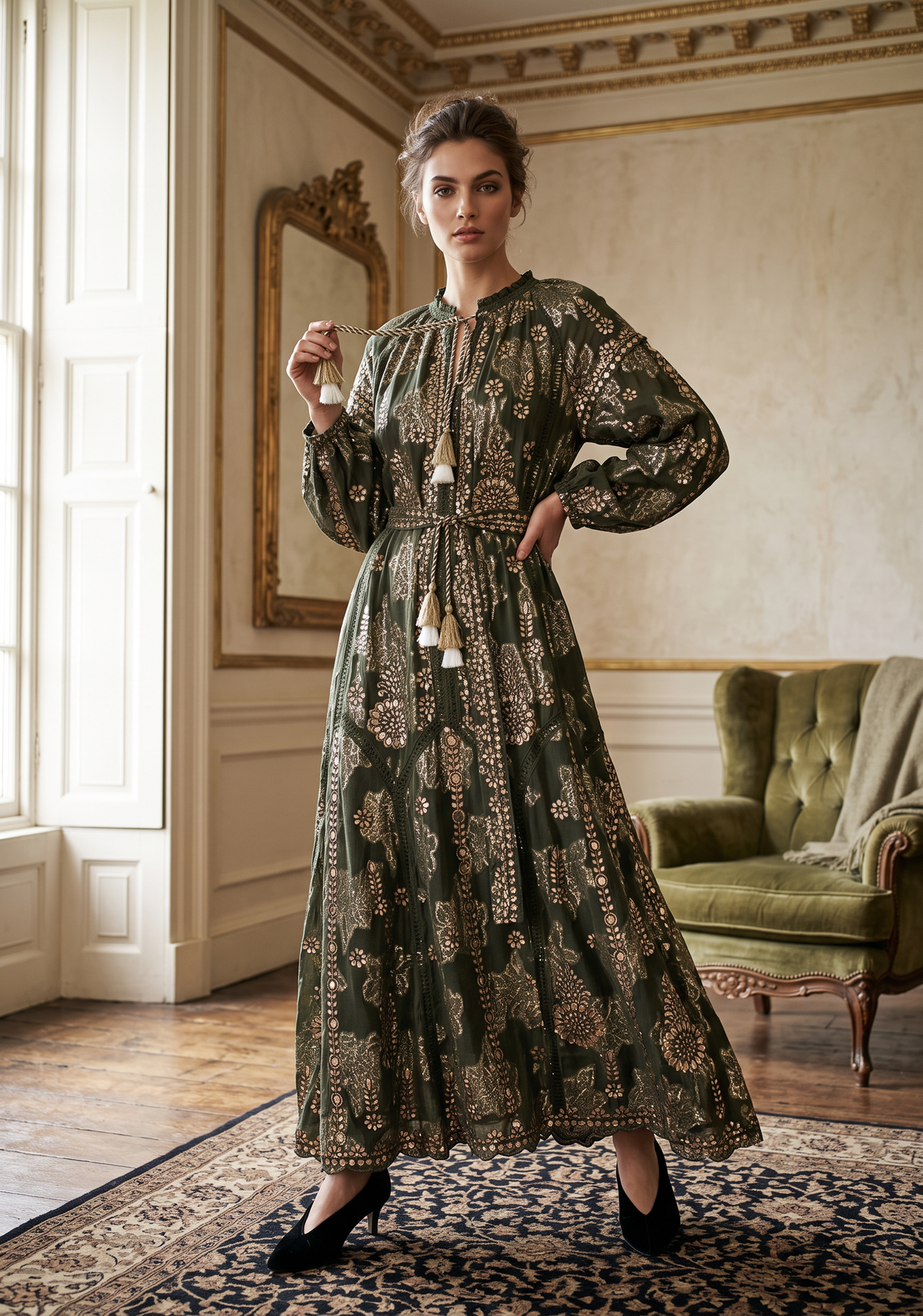 Women’s Printed Cotton Lurex Embroidered Long Dress - Mavi