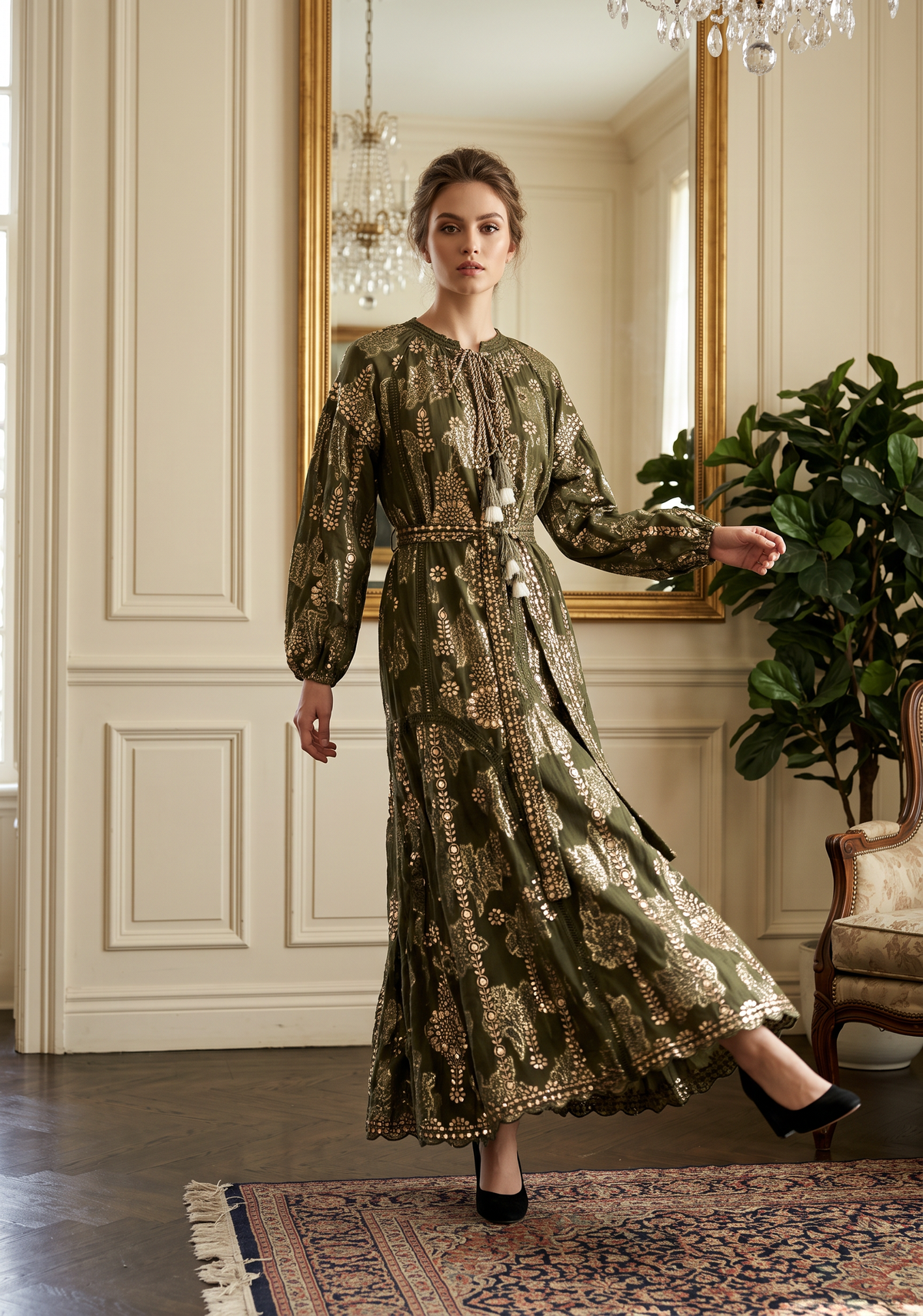 Women’s Printed Cotton Lurex Embroidered Long Dress - Mavi