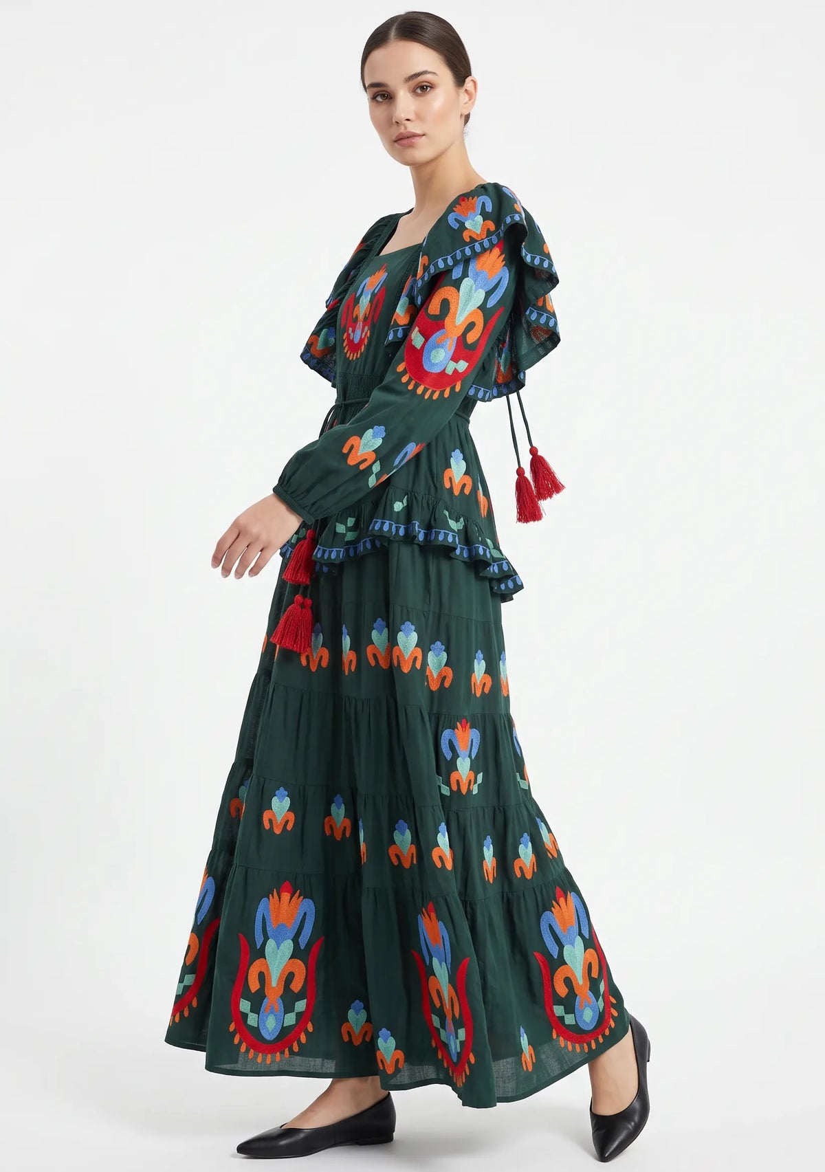 Women’s Cotton Hand-Embroidered Tiered Maxi Dress - Sona
