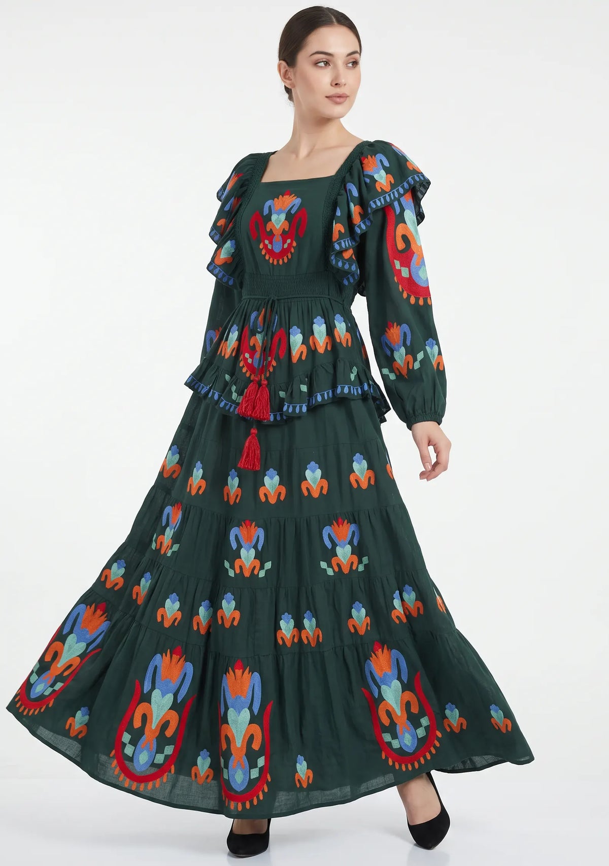 Women’s Cotton Hand-Embroidered Tiered Maxi Dress - Sona