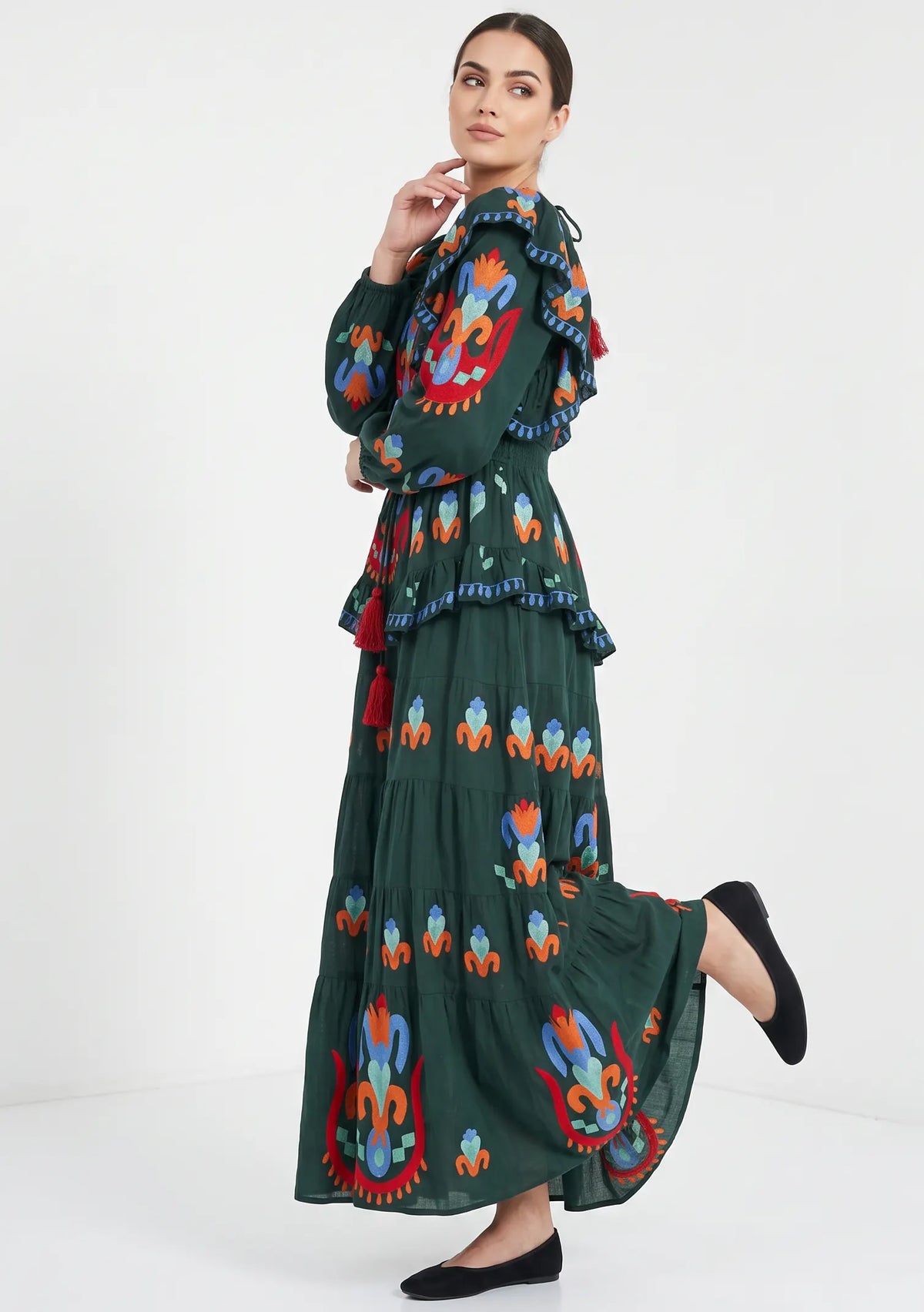 Women’s Cotton Hand-Embroidered Tiered Maxi Dress - Sona