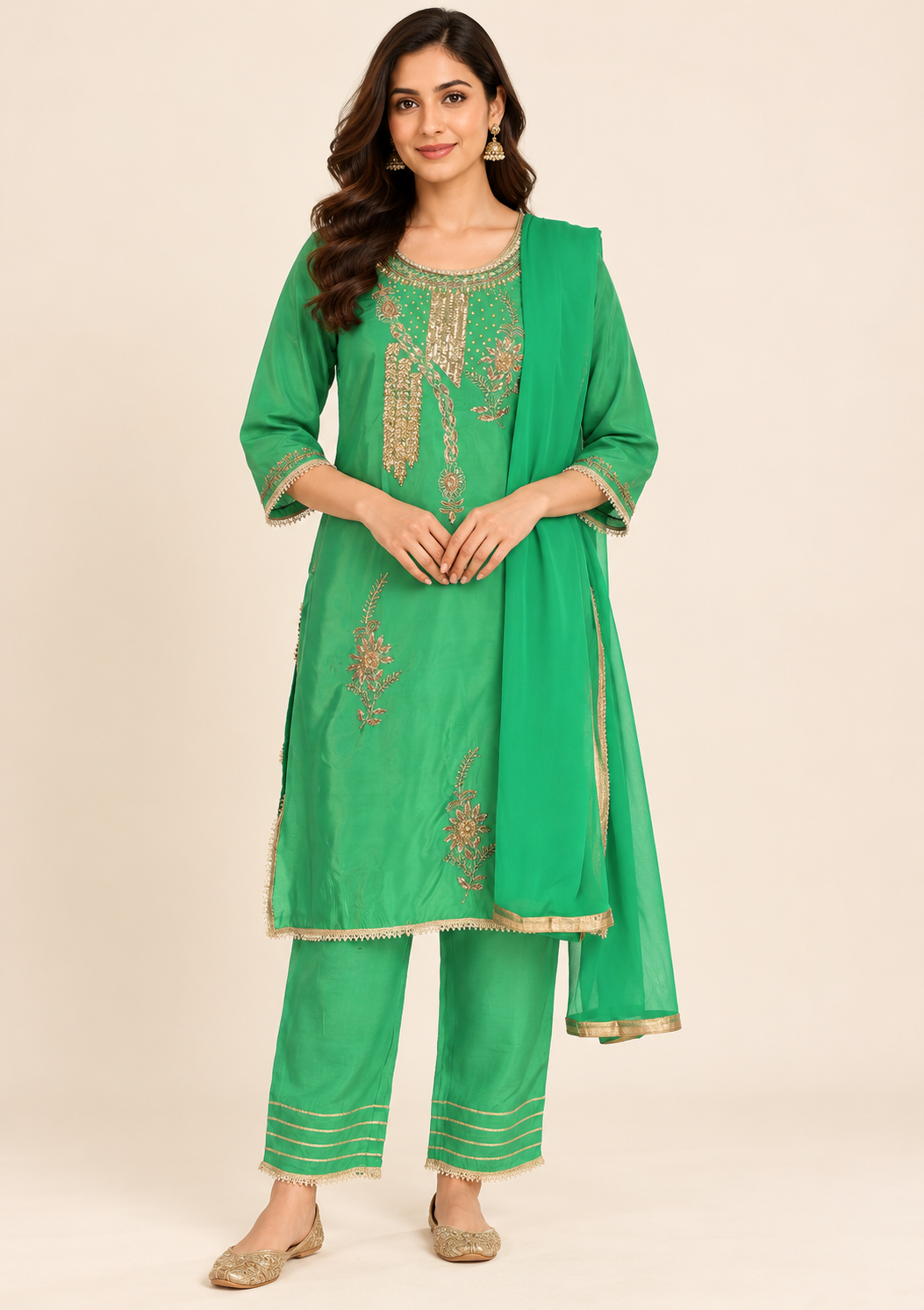 Afsu Green Embroidered Kurta Set with Trousers & Dupatta | ibBan