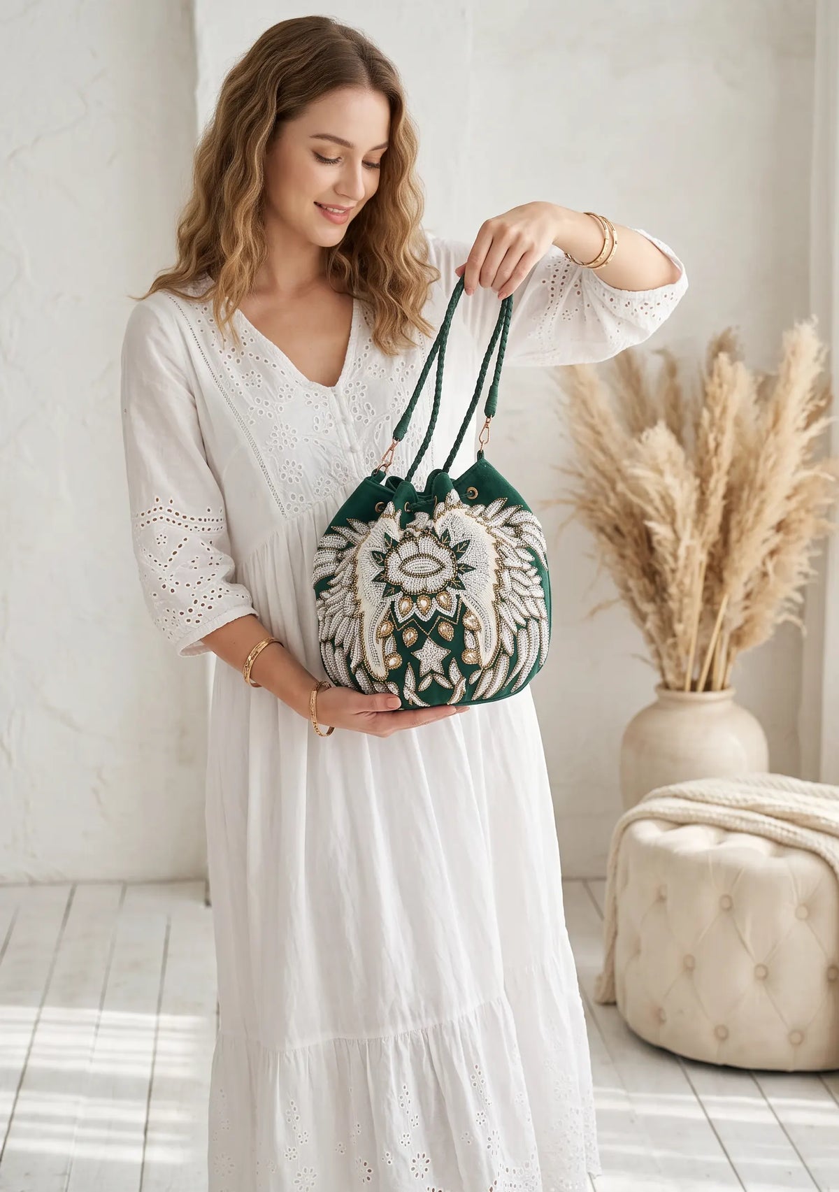 ibBan Hand-Embroidered Canvas Potli Bag with Beadwork - Leona