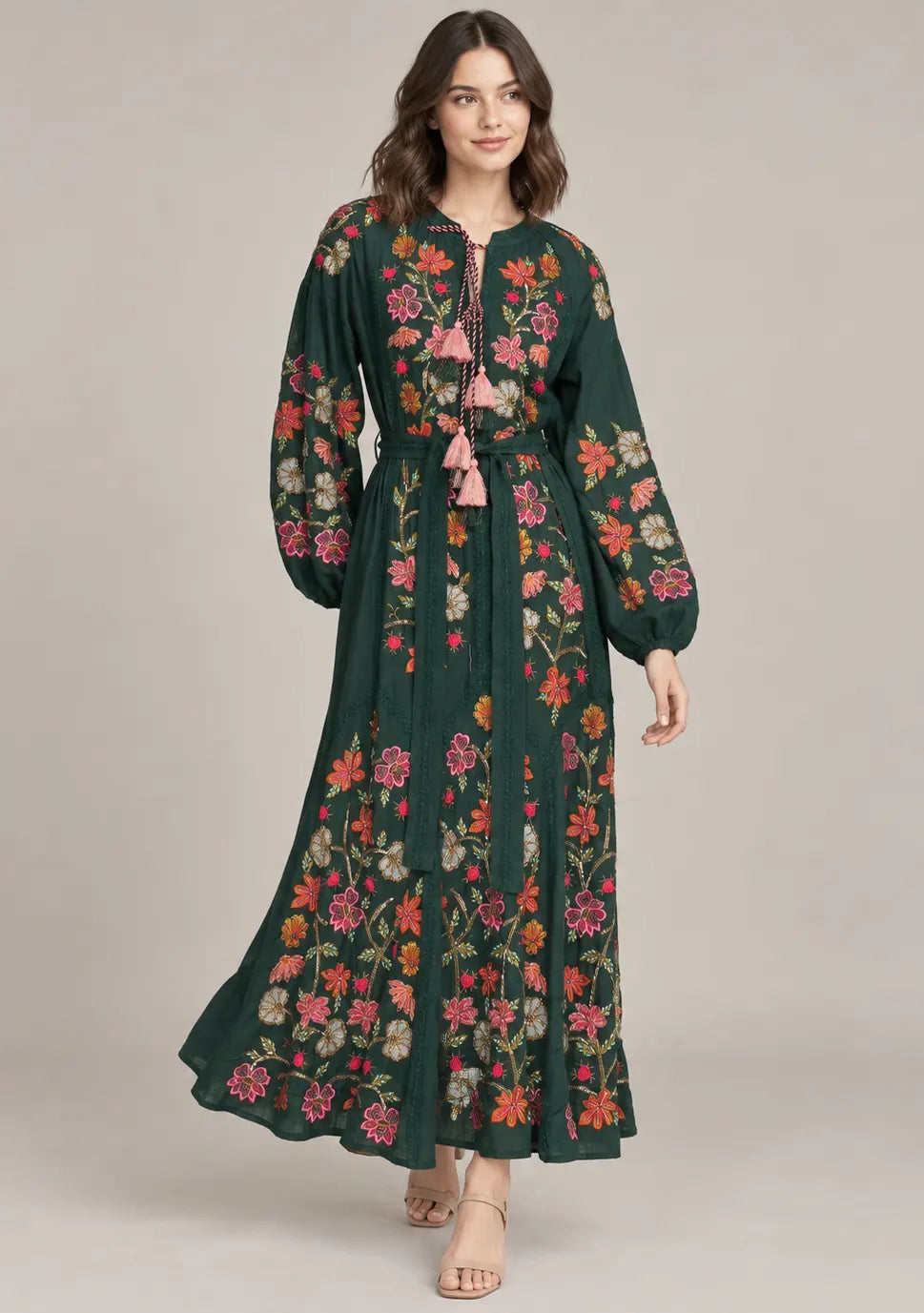 Women’s Cotton Long Dress with Floral Hand Embroidery -Ravila