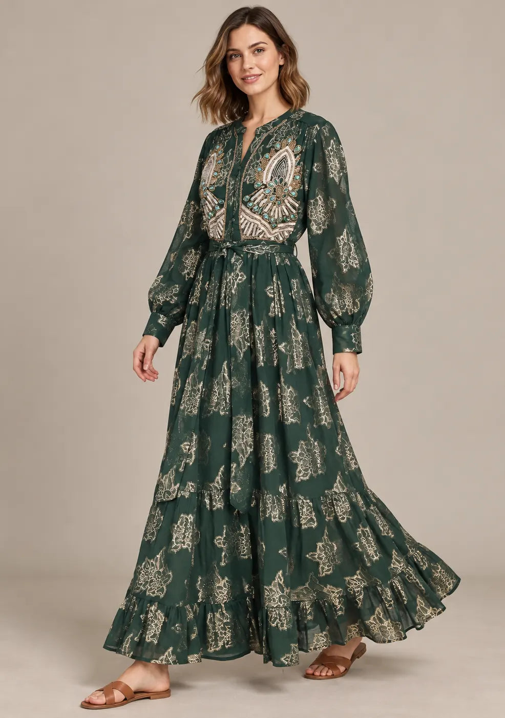 Women’s Hand-Embroidered Cotton Lurex Long Dress - Varsha