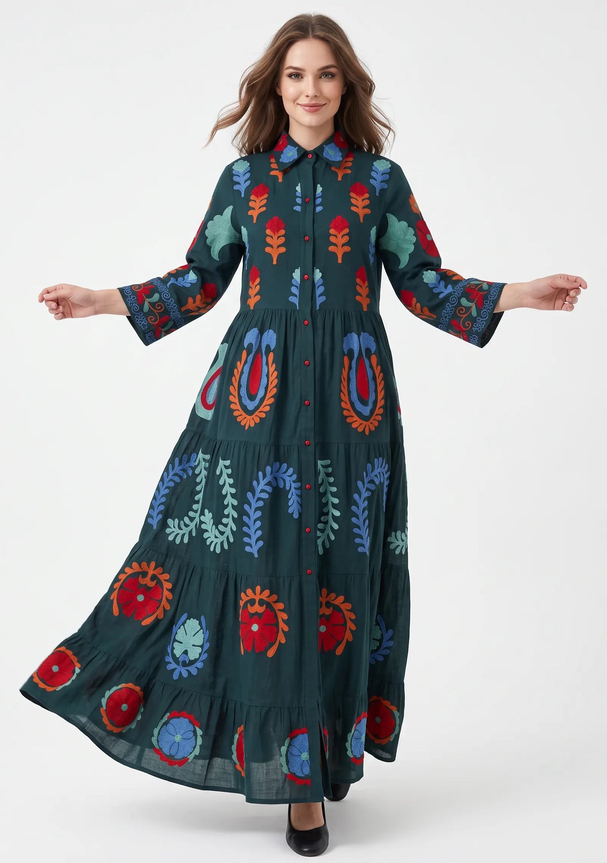 Women’s Cotton Hand-Embroidered Tiered Long Tunic - Ambir