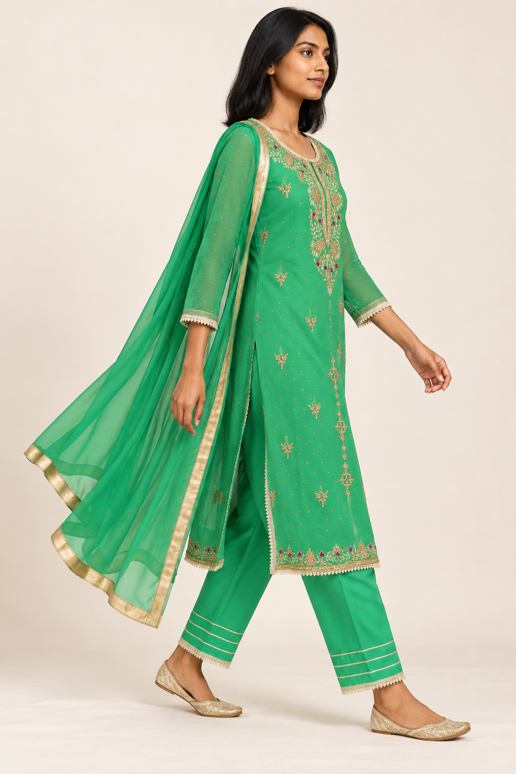 Green Floral Embroidered Kurta Set with Dupatta | ibBan