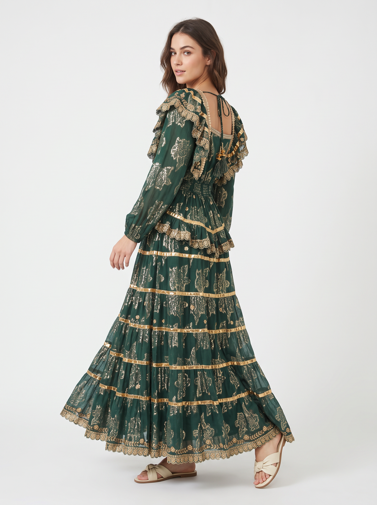 Ibban Women's Cotton Lurex Chari Long Maxi Dress with Gold Embroidery