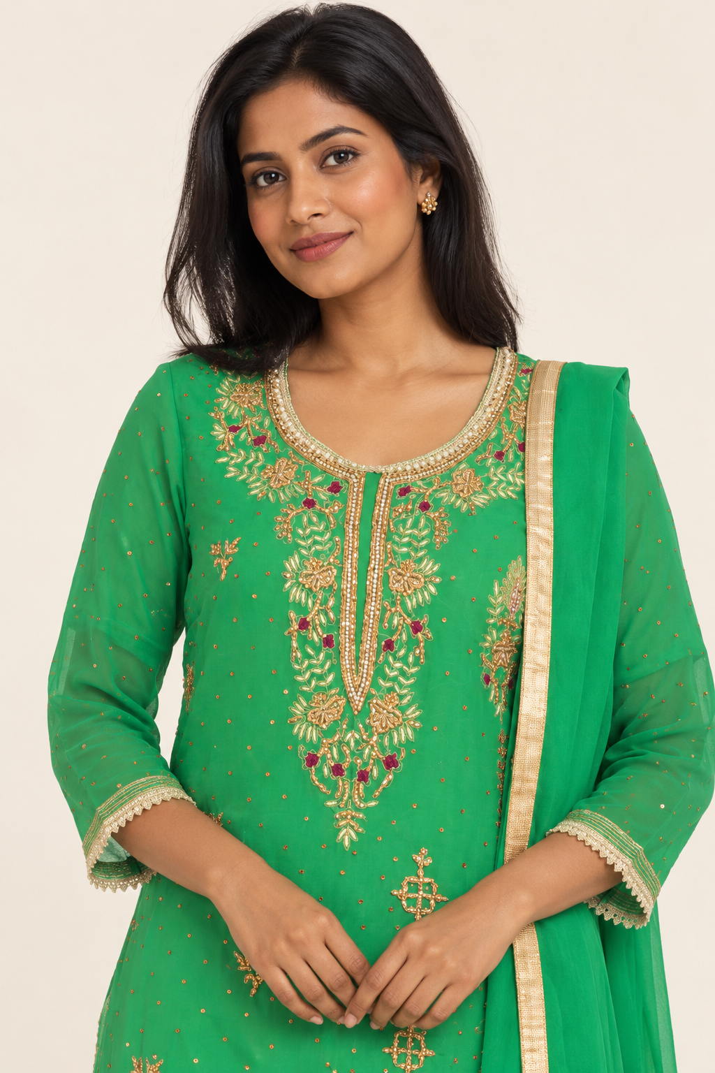 Green Floral Embroidered Kurta Set with Dupatta | ibBan