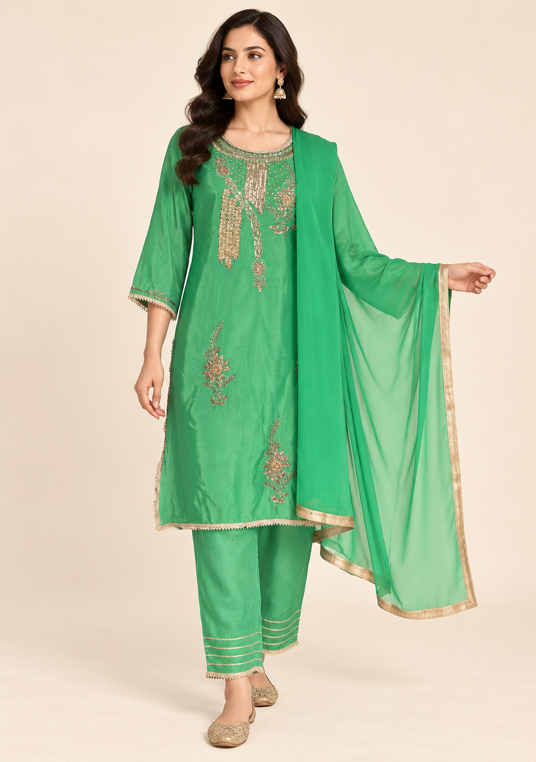 Afsu Green Embroidered Kurta Set with Trousers & Dupatta | ibBan