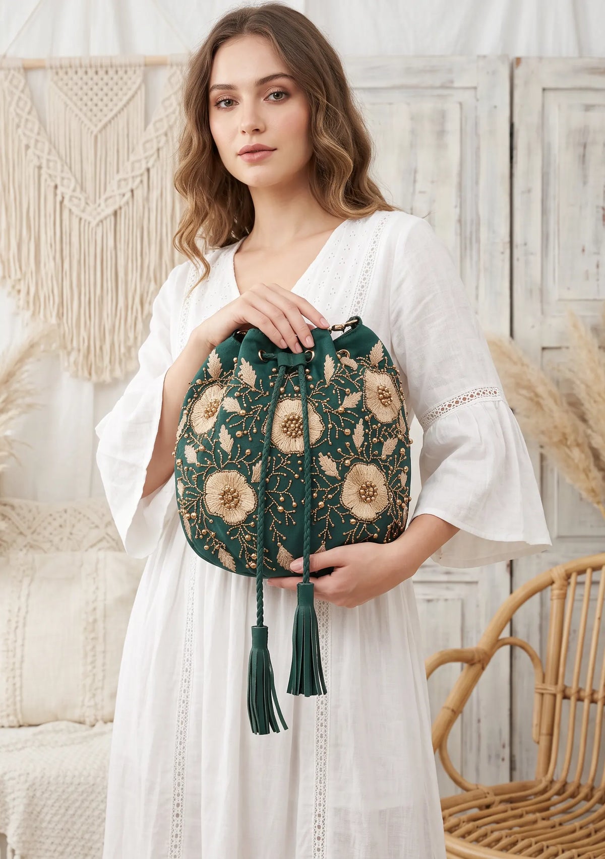 ibBan Hand-Embroidered Canvas Potli Bag with Beadwork - Johri