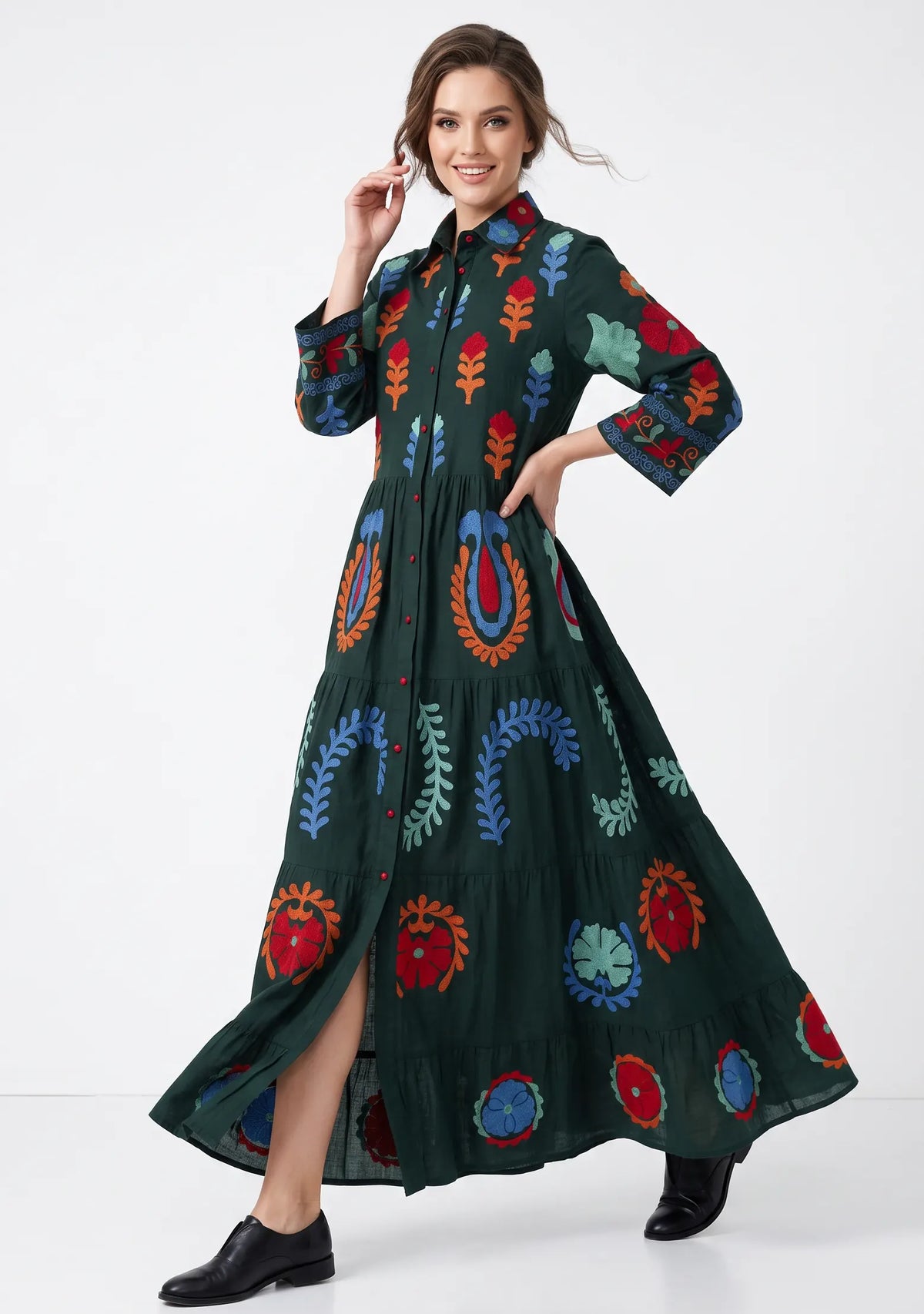 Women’s Cotton Hand-Embroidered Tiered Long Tunic - Ambir