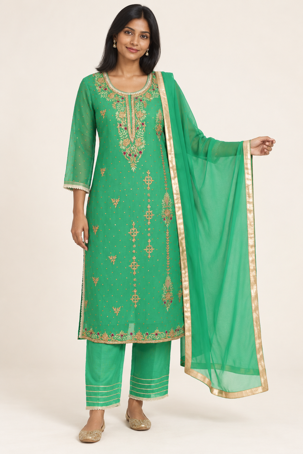 Green Floral Embroidered Kurta Set with Dupatta | ibBan