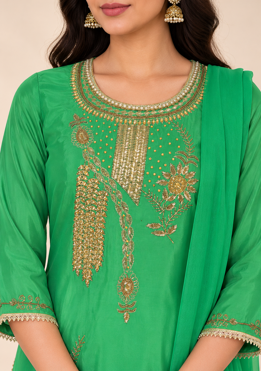 Afsu Green Embroidered Kurta Set with Trousers & Dupatta | ibBan