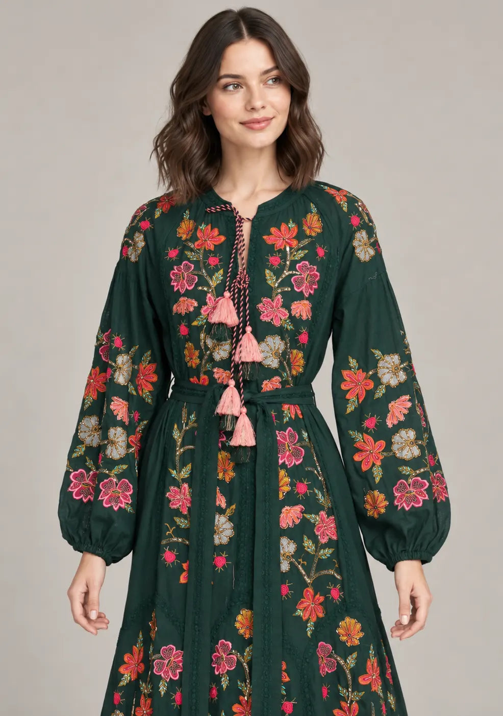 Women’s Cotton Long Dress with Floral Hand Embroidery -Ravila