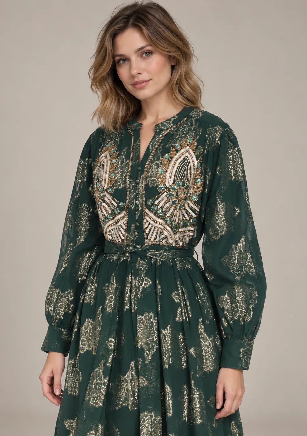 Women’s Hand-Embroidered Cotton Lurex Long Dress - Varsha