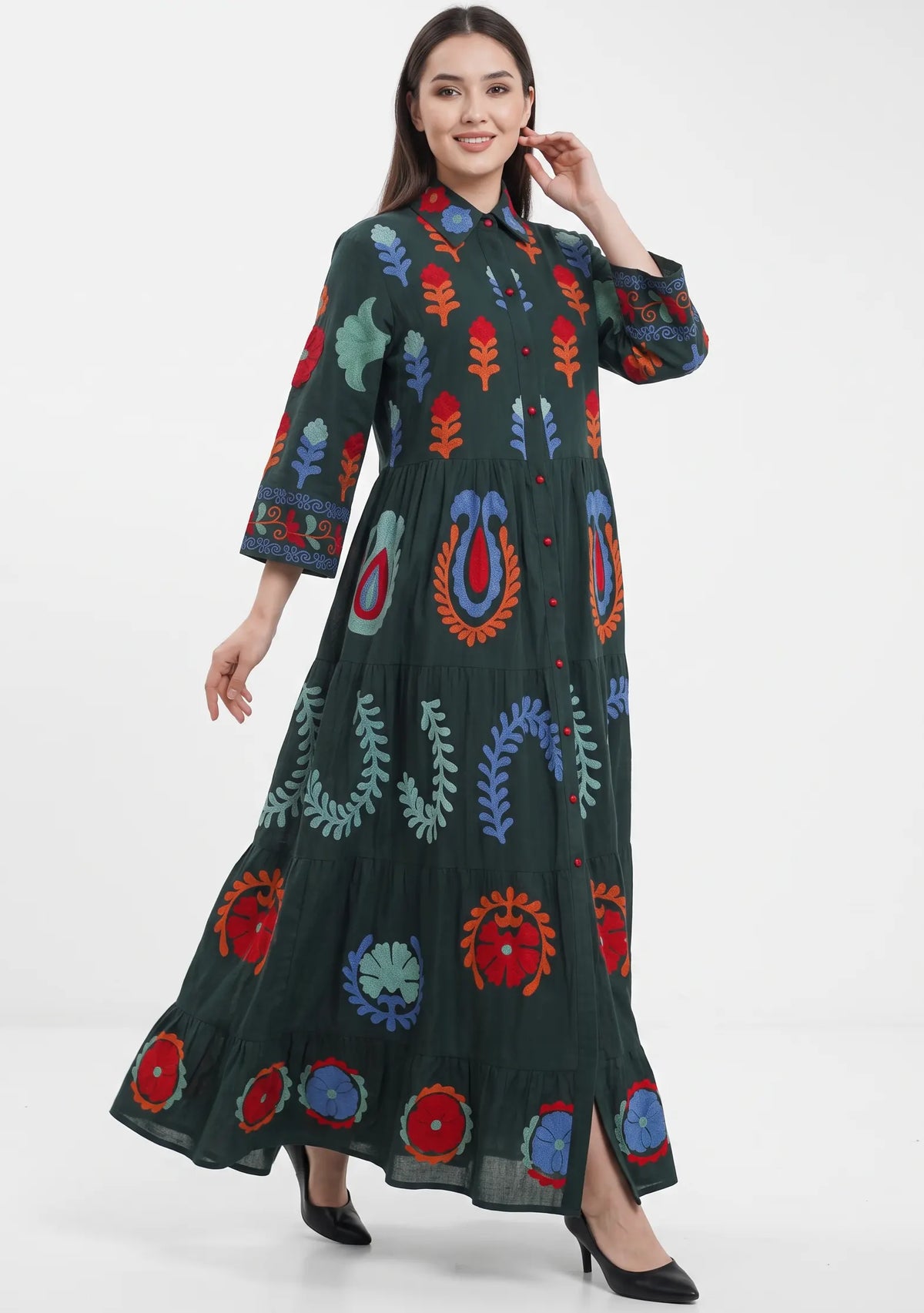 Women’s Cotton Hand-Embroidered Tiered Long Tunic - Ambir