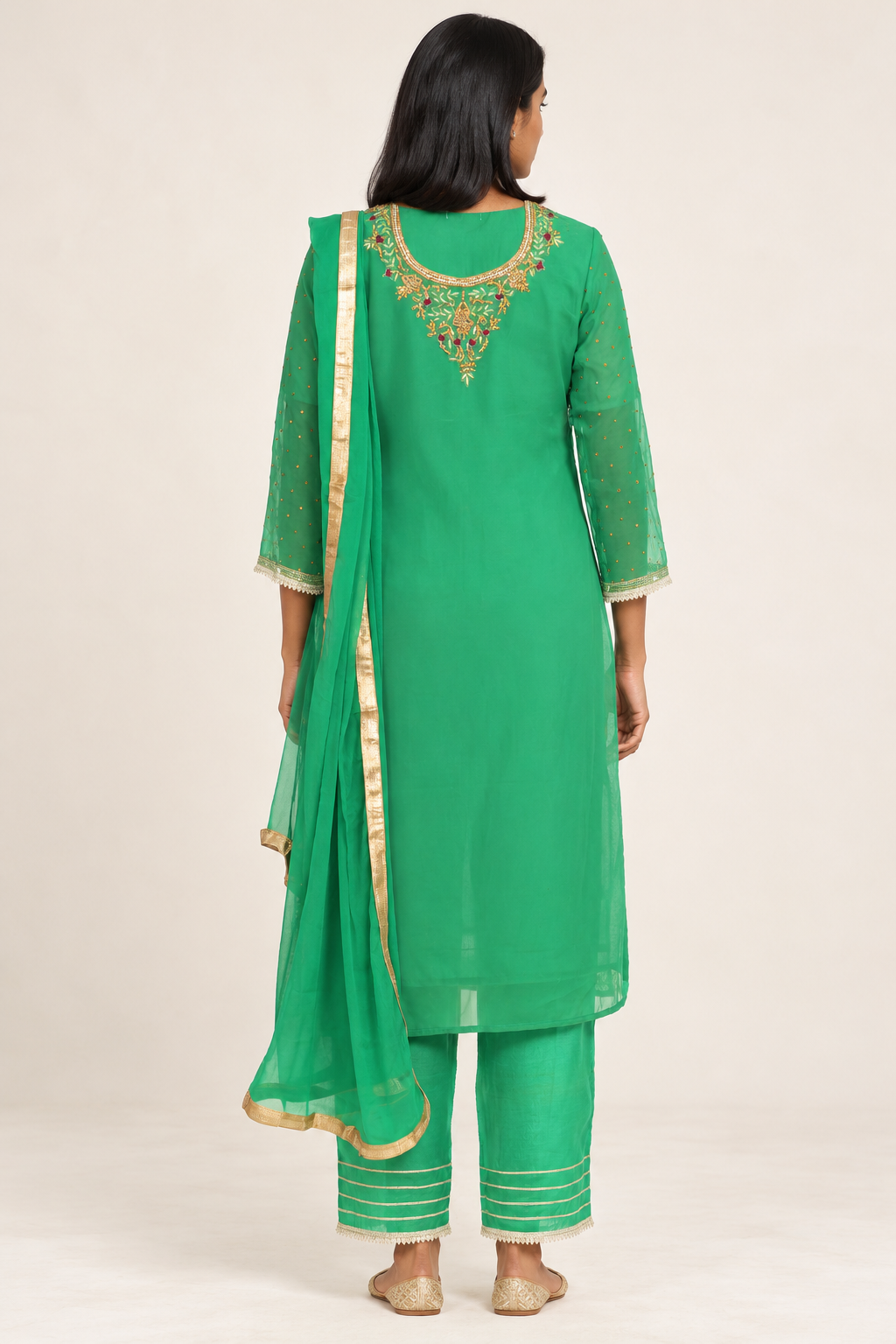 Green Floral Embroidered Kurta Set with Dupatta | ibBan