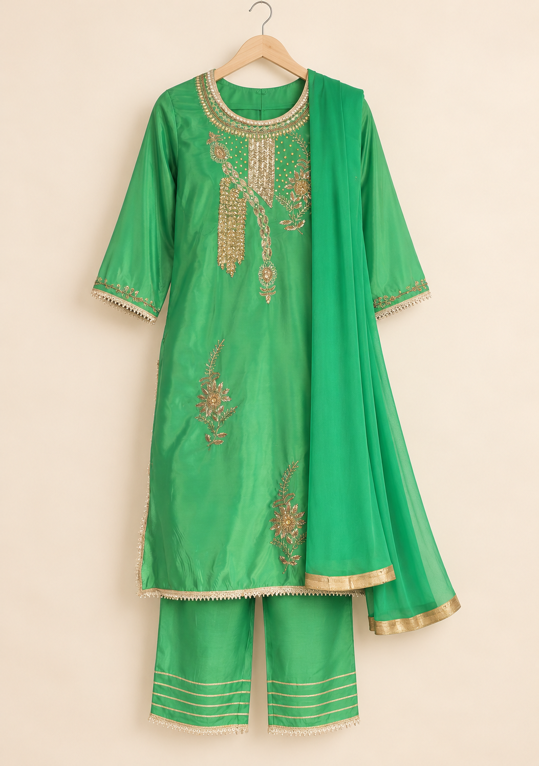 Afsu Green Embroidered Kurta Set with Trousers & Dupatta | ibBan