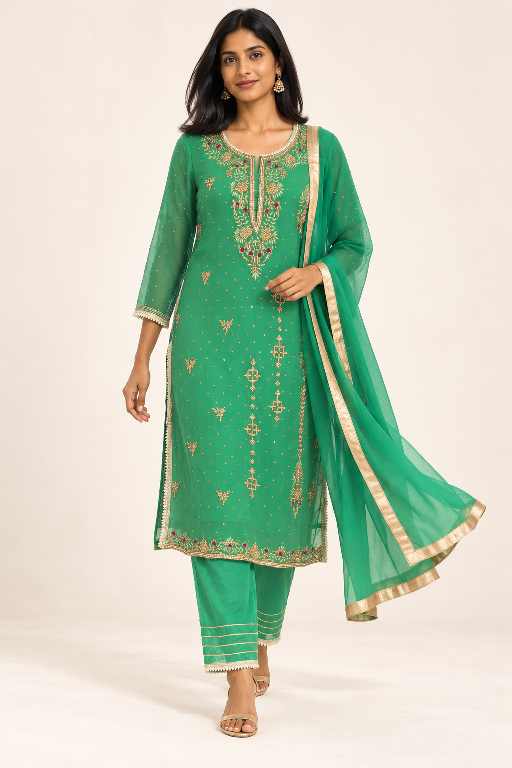 Green Floral Embroidered Kurta Set with Dupatta | ibBan