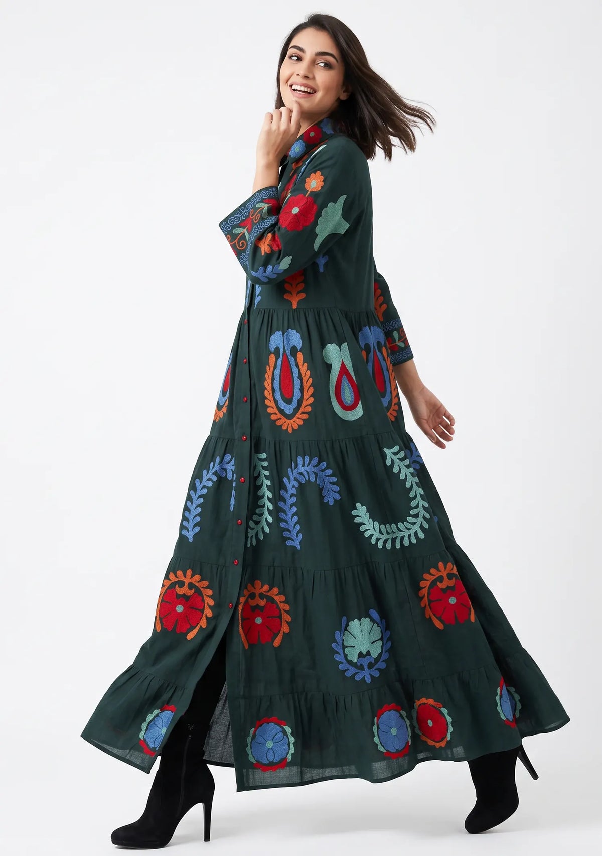 Women’s Cotton Hand-Embroidered Tiered Long Tunic - Ambir