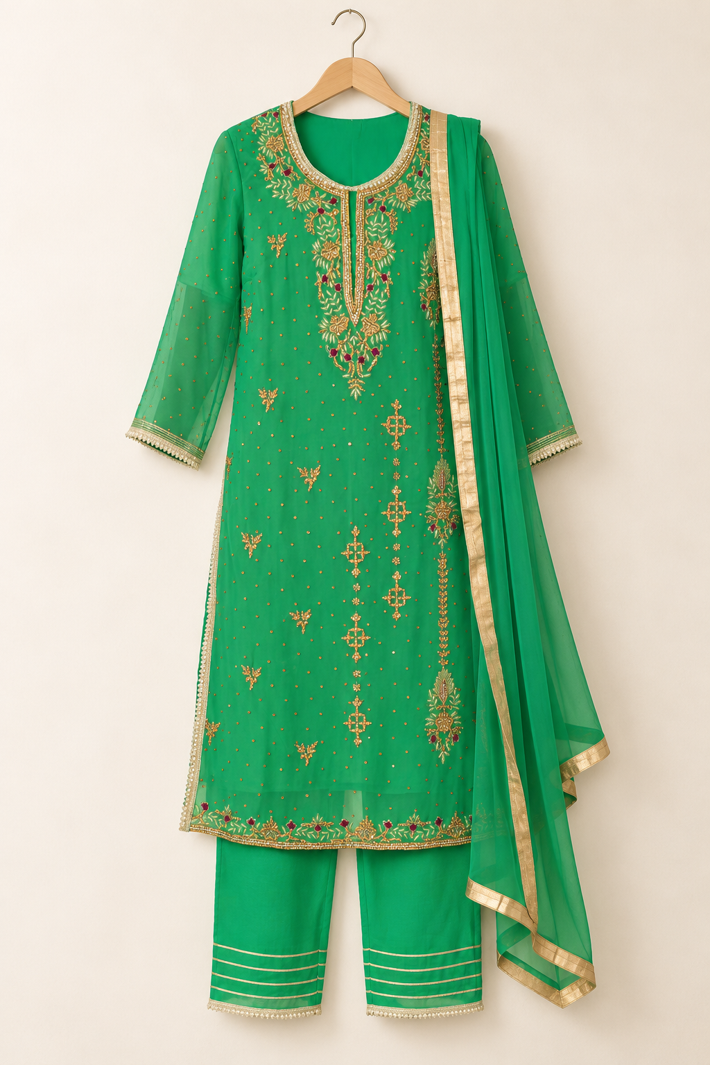 Green Floral Embroidered Kurta Set with Dupatta | ibBan