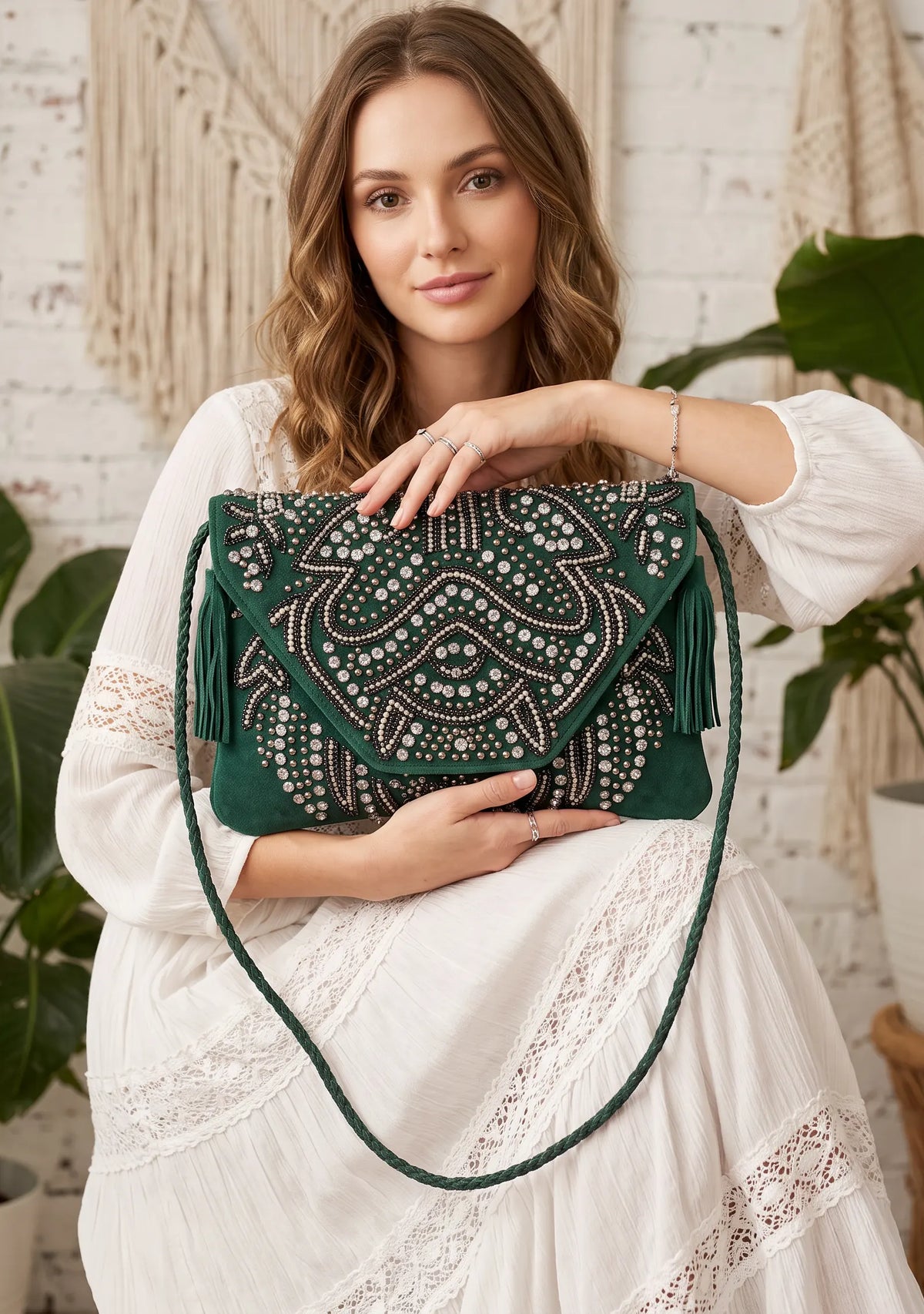 ibBan Hand-Embroidered Green wallet with Beadwork - Masum