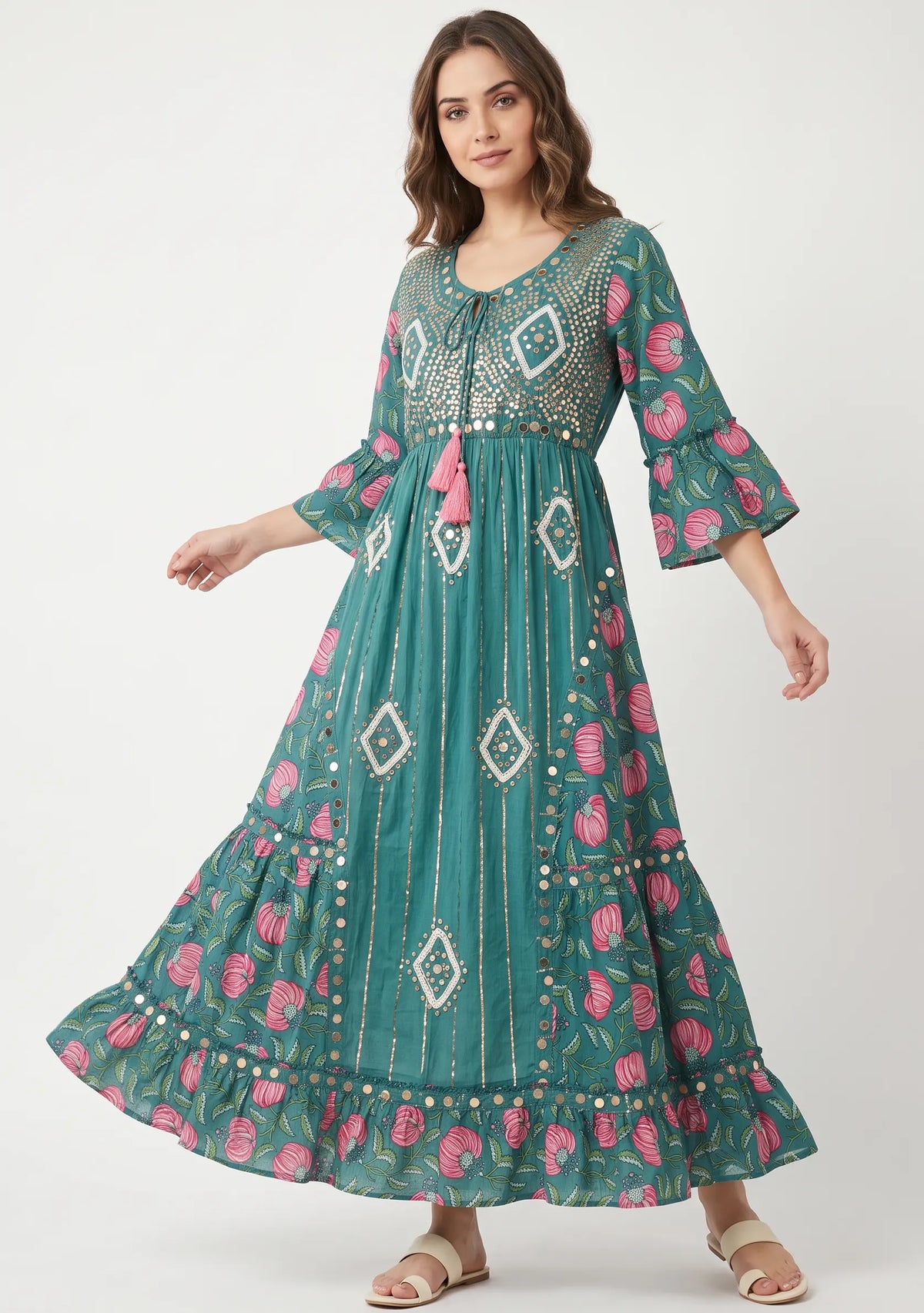 Women’s Cotton Hand-Embroidered Long Dress -Jumani